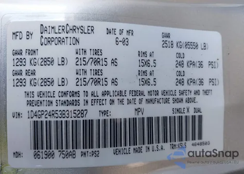 2003 Dodge Grand Caravan Se z USA, uszkodzony, nr VIN 1D4GP24R53B315287